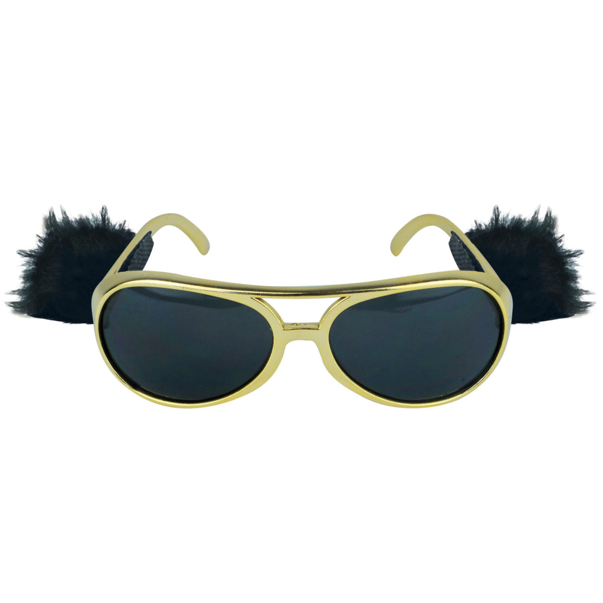 gold frame Elvis glasses with dark lens and attached sideburns on a white background