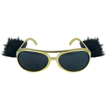 gold frame Elvis glasses with dark lens and attached sideburns on a white background