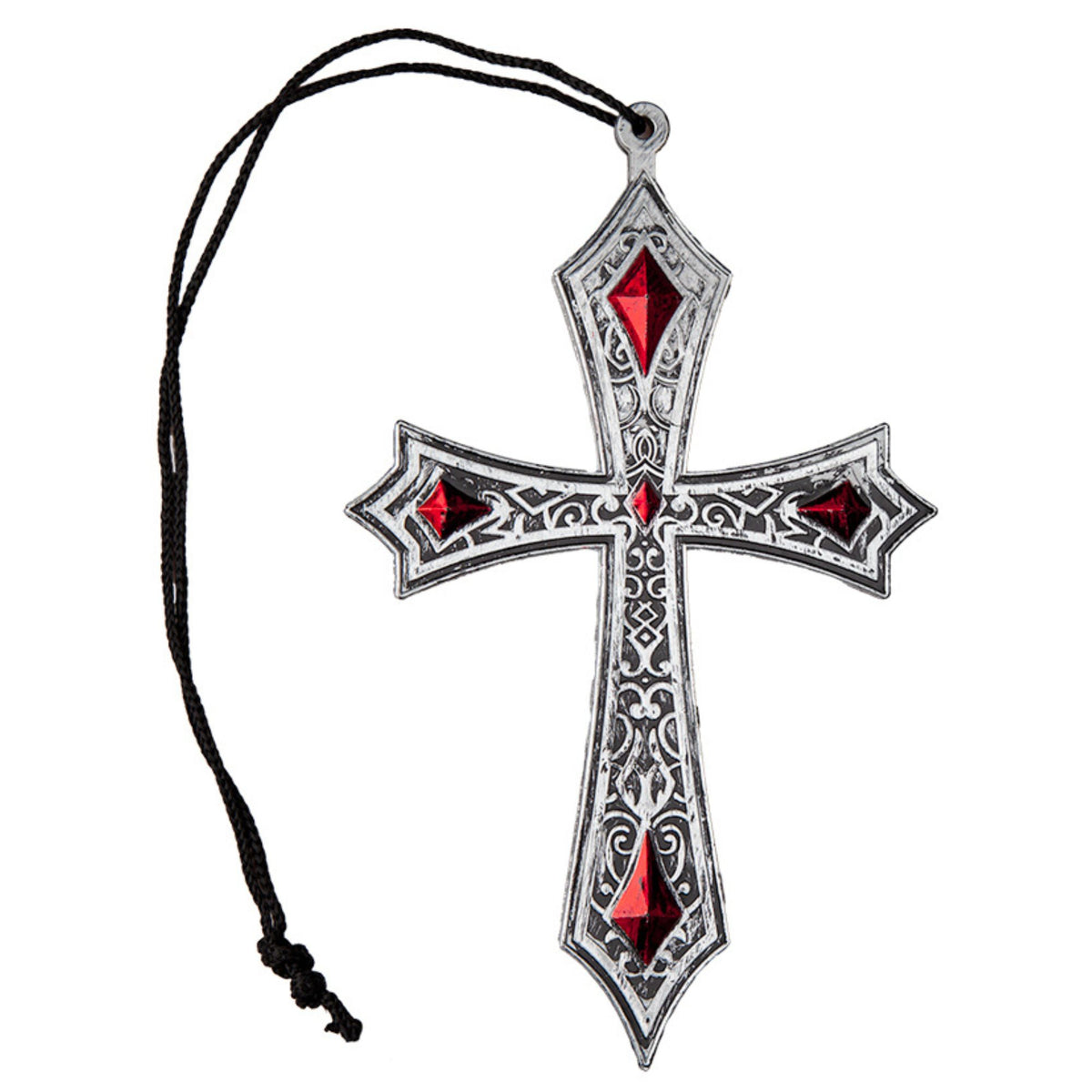 Decorative cross pendant with red gemstones on a white background