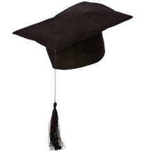 A black academic cap with a long black tassel, shown against a plain white background.