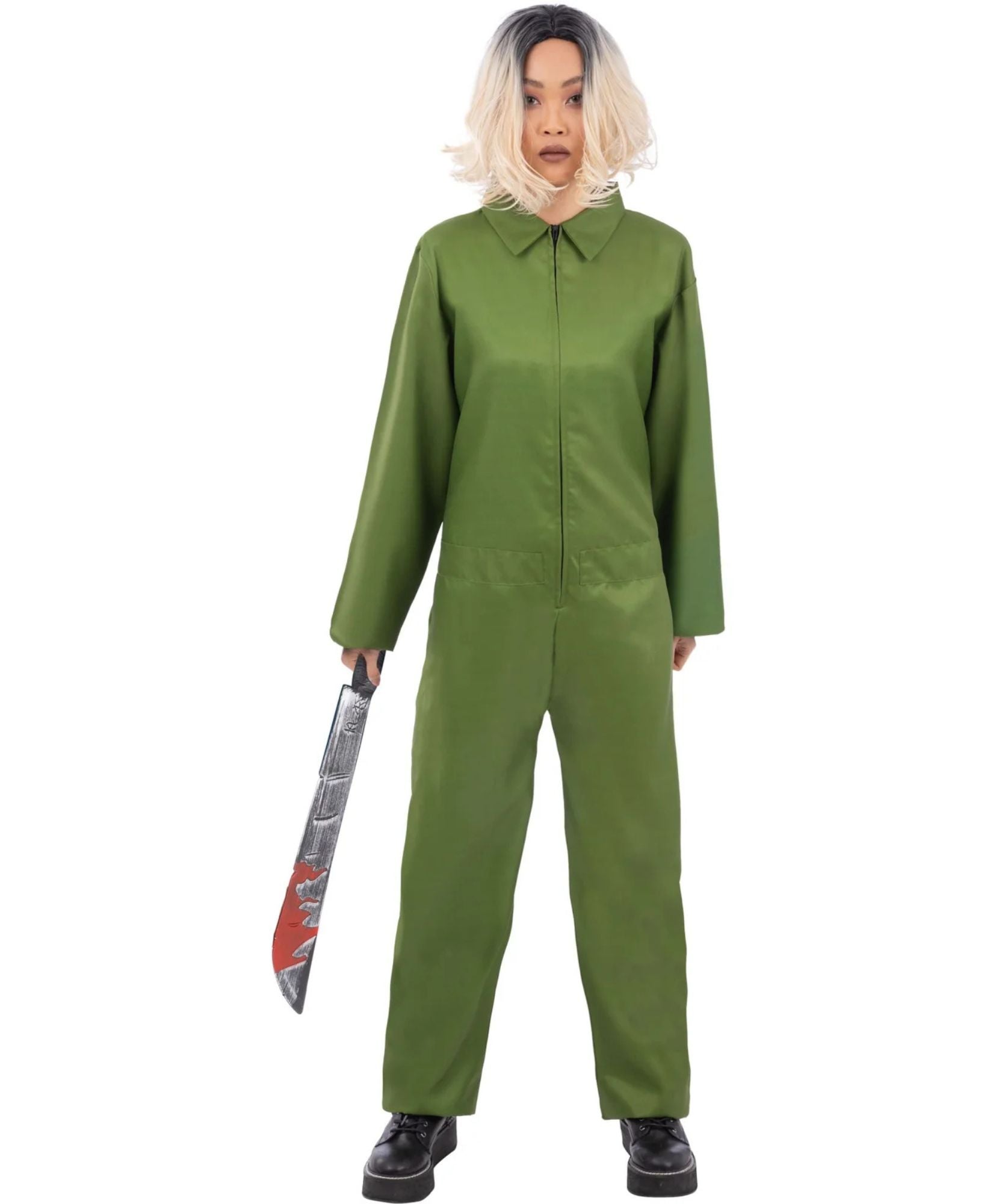 A model wearing an olive green jumpsuit costume and holding a machete prop against a plain white background.