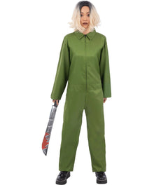 A model wearing an olive green jumpsuit costume and holding a machete prop against a plain white background.