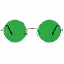 Round sunglasses with bright green lenses and a thin silver metal frame, shown against a plain white background.