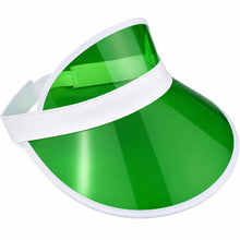 A clear visor-style sun hat with a bright green translucent lens and a white band, shown on a plain white background.