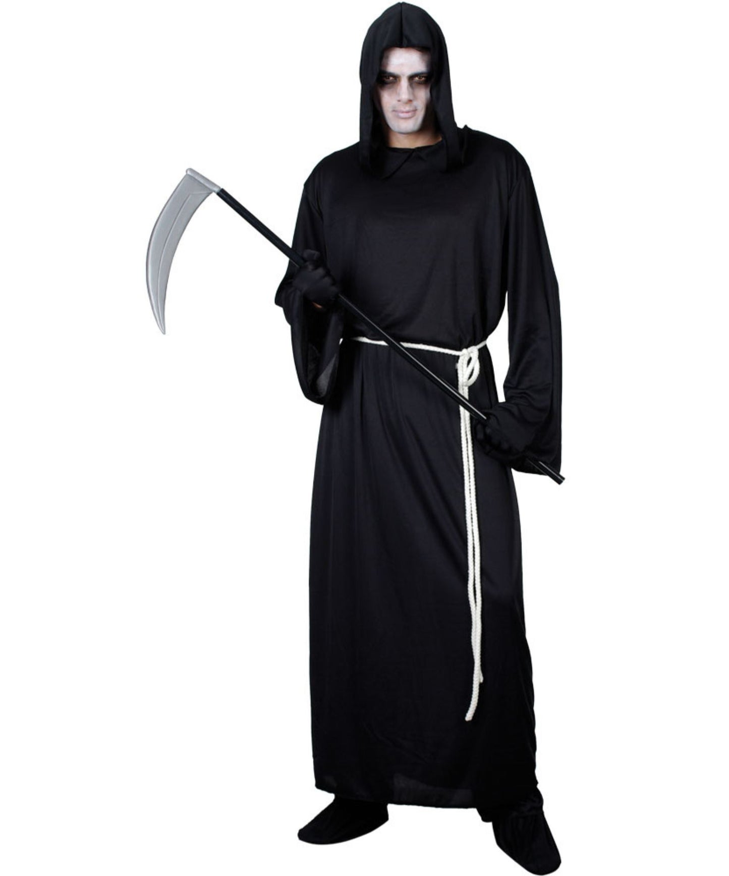 A person modeling a grim reaper costume consisting of a long black hooded robe with a white rope belt, black gloves, and a toy scythe, against a plain white background.