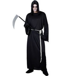 A person modeling a grim reaper costume consisting of a long black hooded robe with a white rope belt, black gloves, and a toy scythe, against a plain white background.
