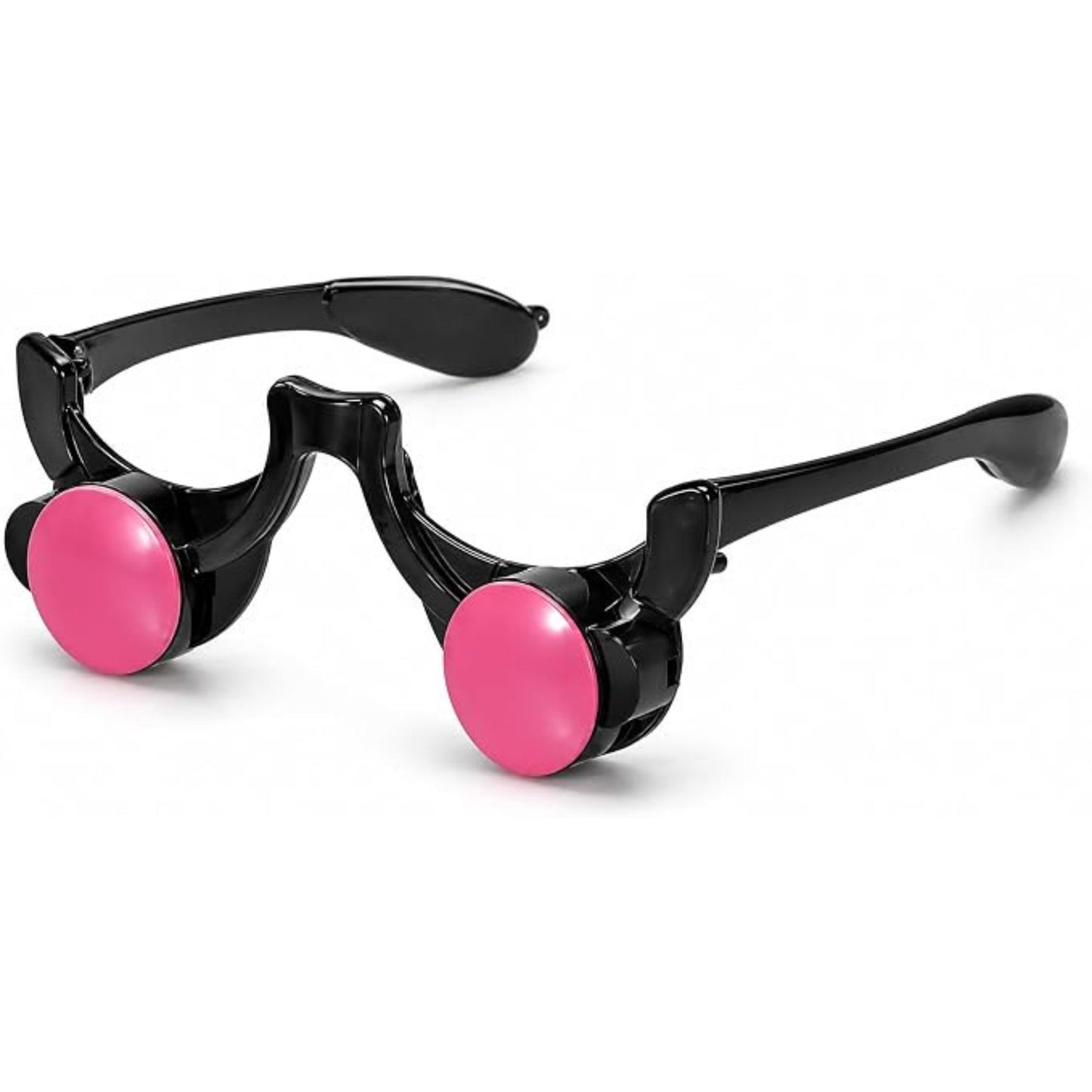 Black novelty sunglasses with round pink lenses, shown on a clean white background.