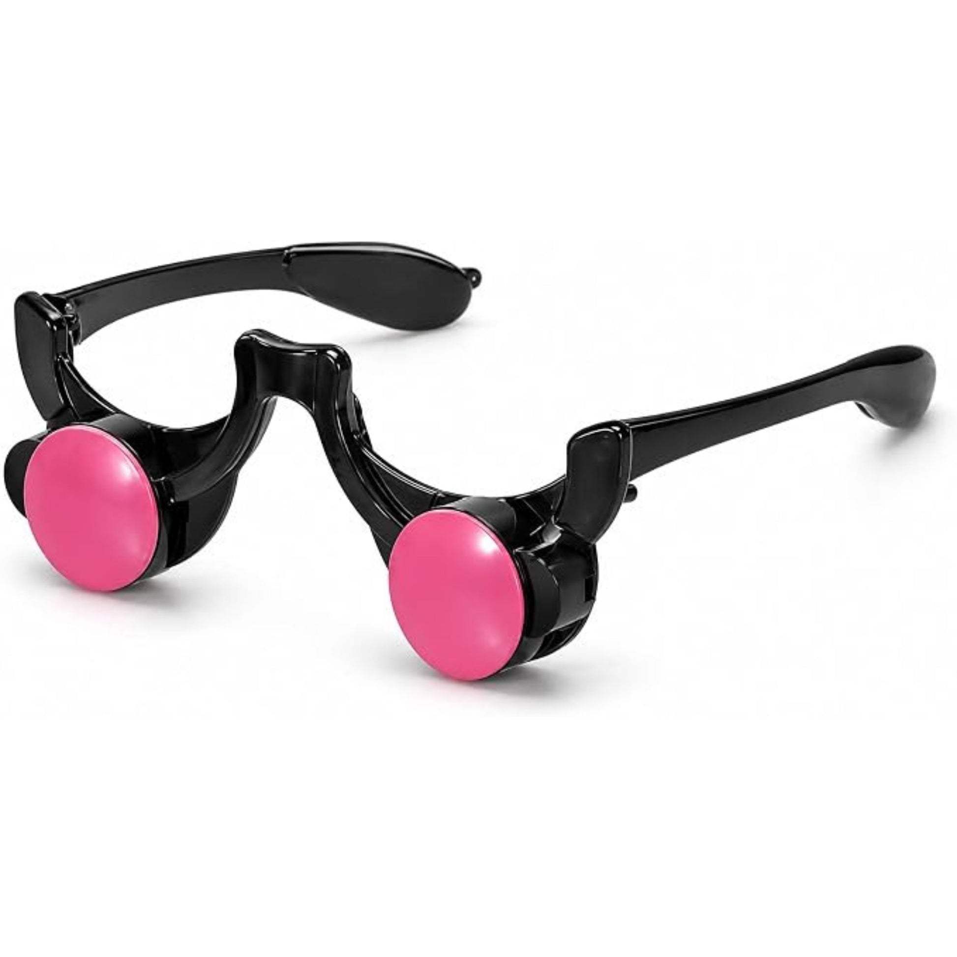Black novelty sunglasses with round pink lenses, shown on a clean white background.
