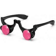 Black novelty sunglasses with round pink lenses, shown on a clean white background.