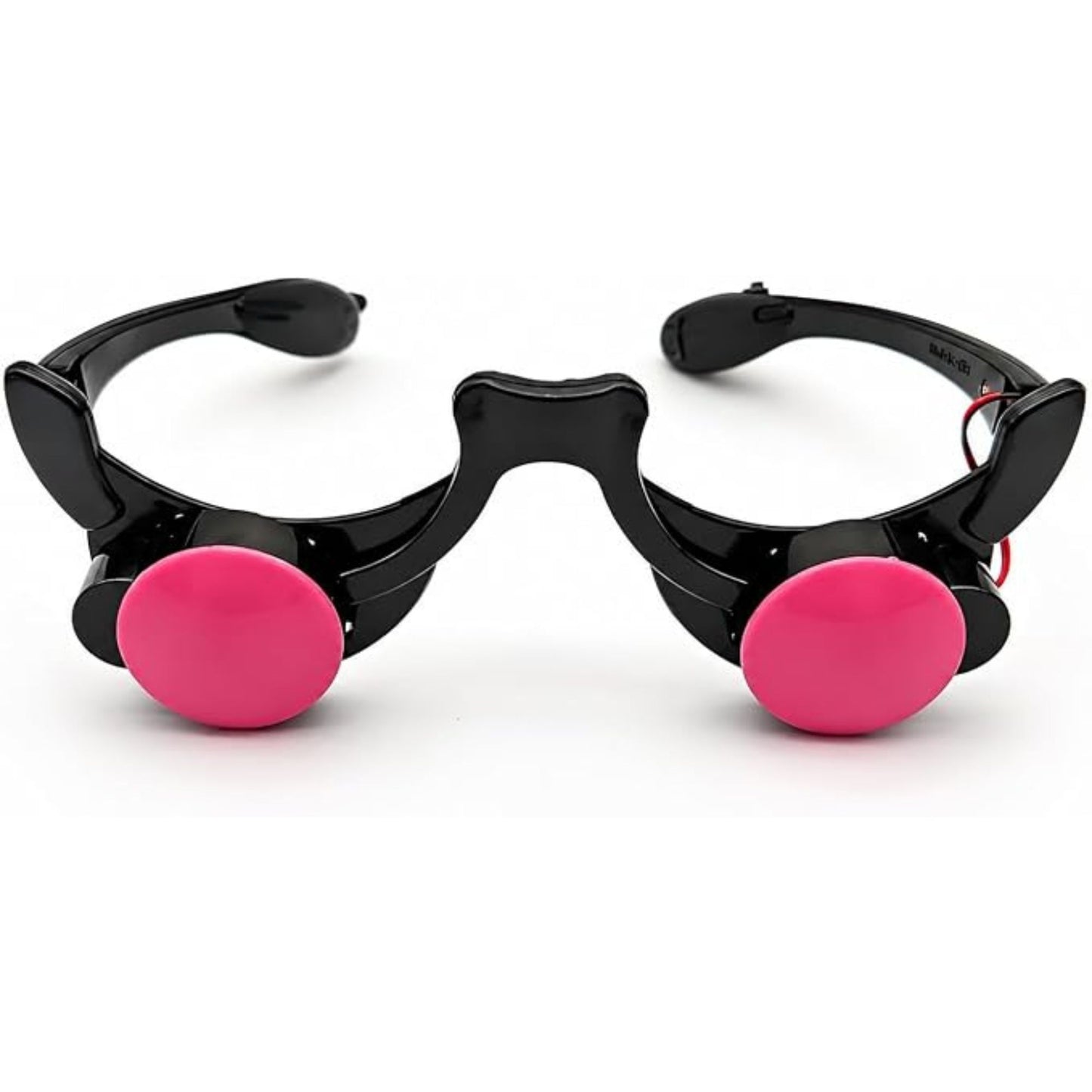 Black novelty sunglasses with oversized hot pink oval lenses, displayed on a clean white background.