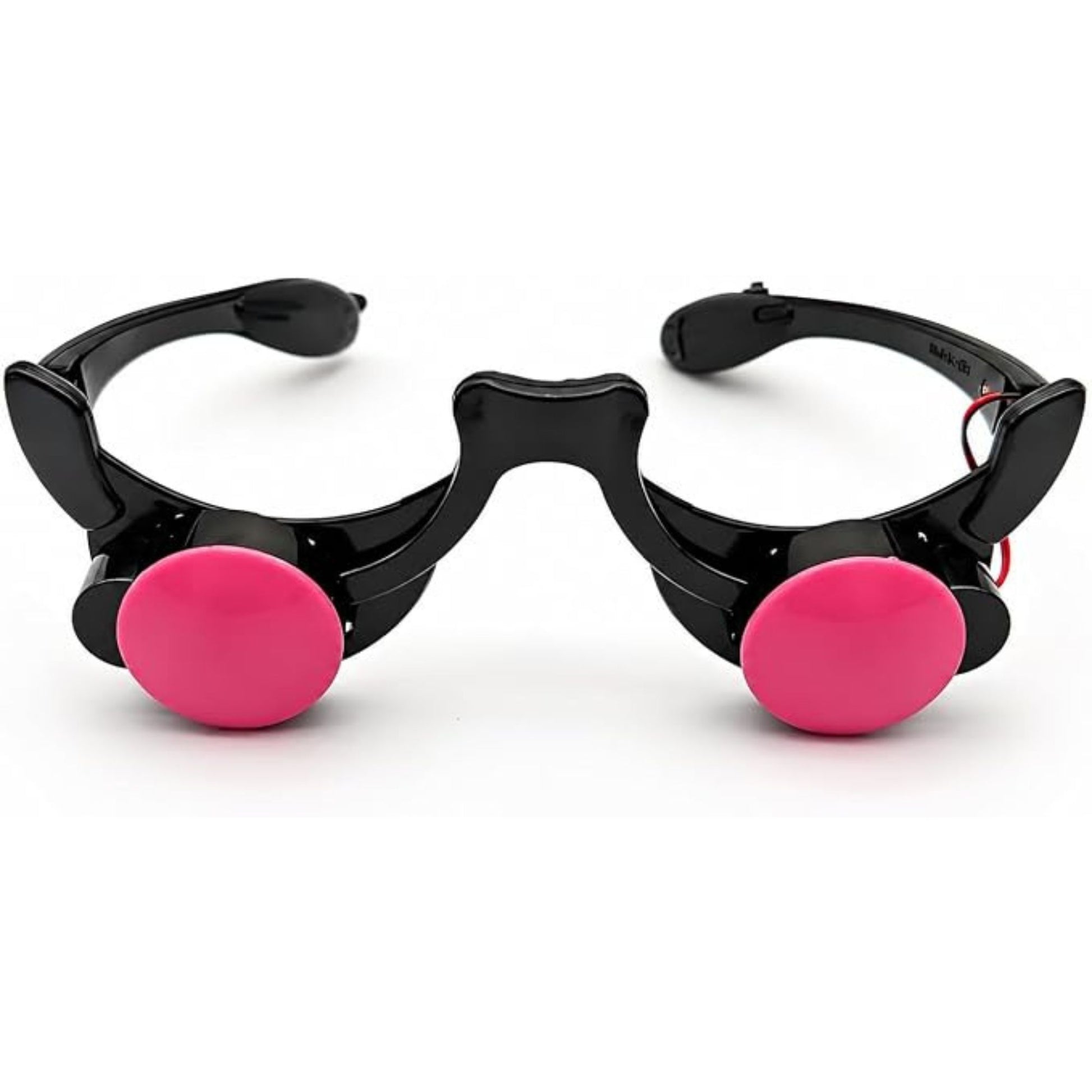 Black novelty sunglasses with oversized hot pink oval lenses, displayed on a clean white background.