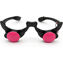 Black novelty sunglasses with oversized hot pink oval lenses, displayed on a clean white background.