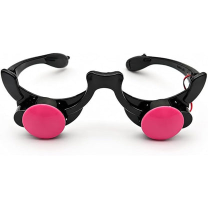 Black novelty sunglasses with oversized hot pink oval lenses, displayed on a clean white background.
