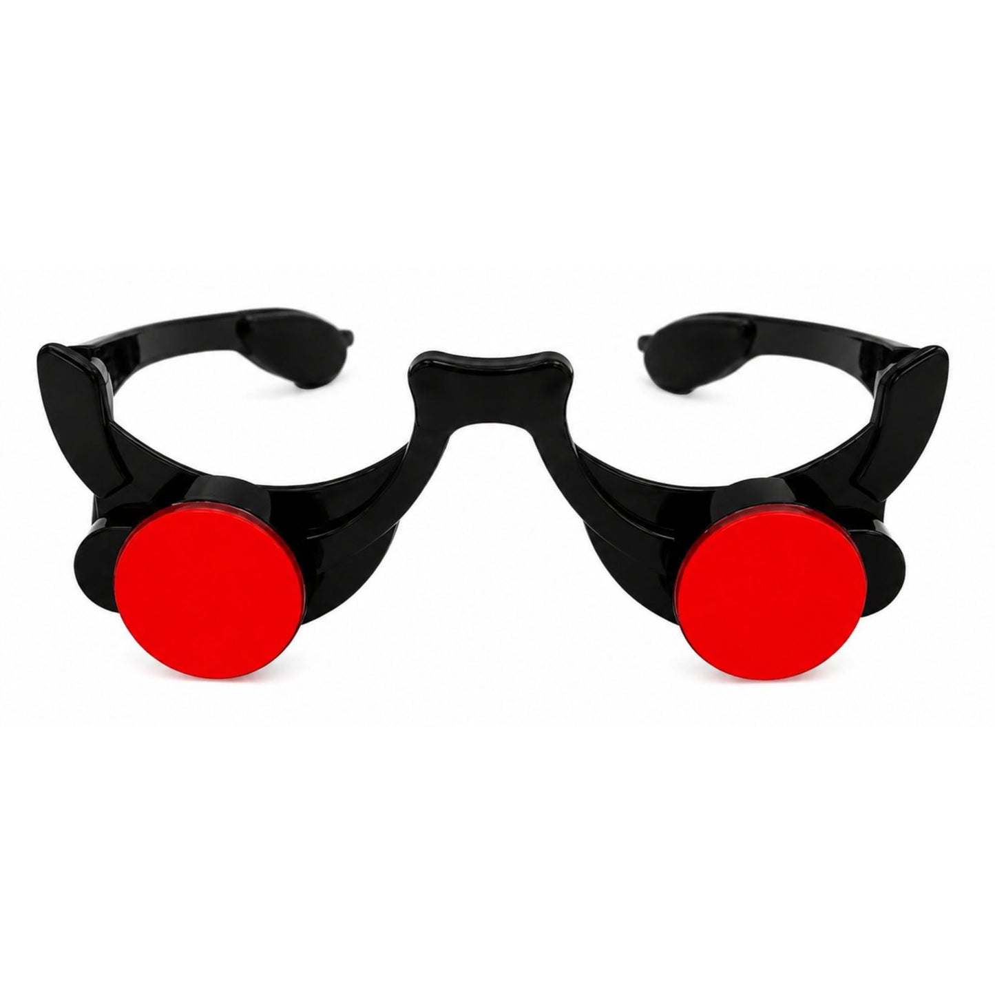 Black novelty sunglasses with oversized red circular lenses, shown against a plain white background.