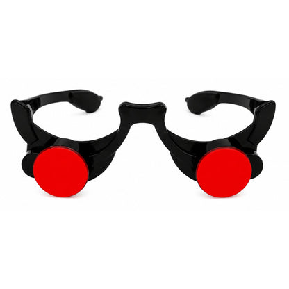 Black novelty sunglasses with oversized red circular lenses, shown against a plain white background.