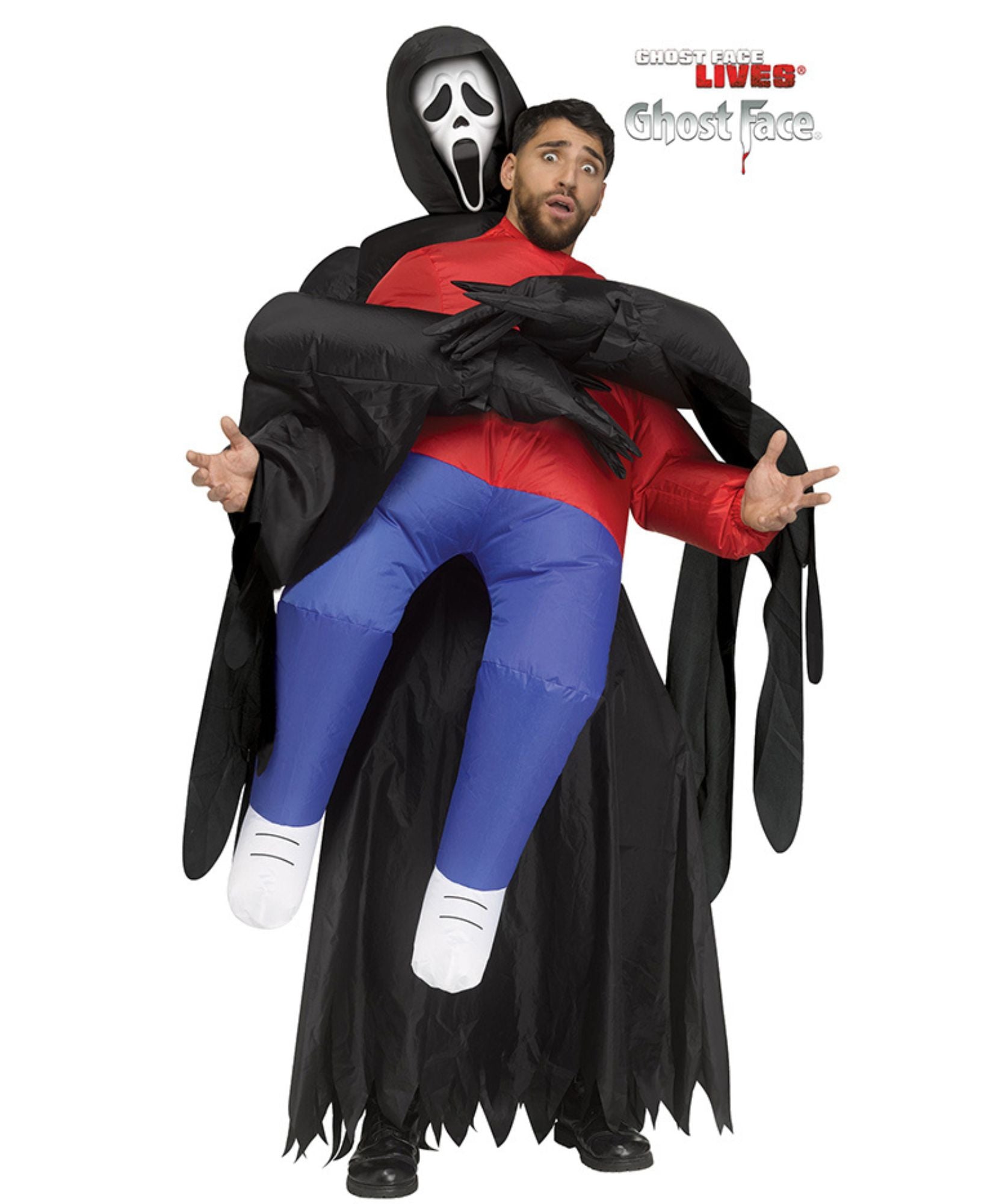 A man modeling a Ghostface as Spider-Man inflatable costume, wearing a black hooded robe with Ghostface mask, red shirt, blue pants, and white sneakers, on a white background with Ghostface LIVE! Ghost Face logo in the top right.