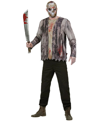 A person modeling a horror costume consisting of a distressed gray and black long-sleeve shirt with red blood splatter, black pants, brown boots, a hockey mask, and holding a machete prop against a plain white background.