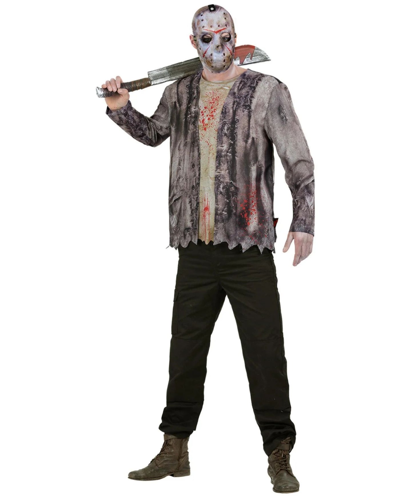 A man modeling a Jason Voorhees-style horror costume against a plain white background, wearing a distressed gray shirt, dark pants, brown boots, and holding a machete prop.
