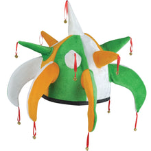 A green, white, and orange jester-style hat with multiple curved points, red tassels with small gold bells, and a black band around the base, shown on a plain white background.