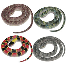 Four coiled snake figurines or toys arranged in a 2x2 grid on a plain white background, each with a different pattern: mottled pinkish-brown, green and blue, red and black with yellow bands, and mottled gray.