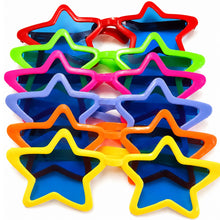 A set of star-shaped novelty sunglasses in multiple bright colors, including red, green, pink, purple, orange, and yellow, arranged in a stack on a white background.