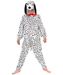 Person wearing a Dalmatian onesie with black spots on a white background