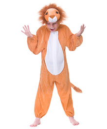 Child wearing a lion onesie on a white background