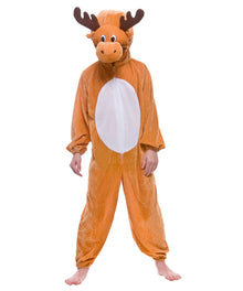 Person wearing a brown moose onesie on a white background