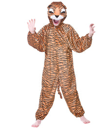 Child wearing a tiger costume on a white background