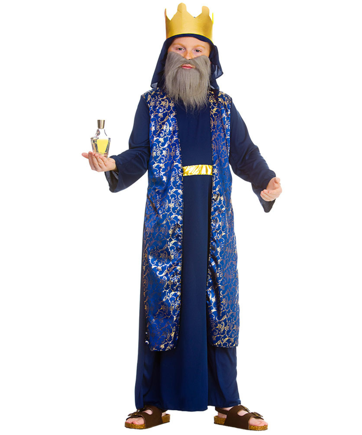 A man wearing a blue and gold king or prince costume with a matching gold crown, fake gray beard, and sandals, holding a small bottle against a plain white background.