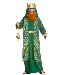 A man wearing a green and gold king or prince costume with a matching crown, long orange beard, and holding a small gold pot, photographed against a plain white background.