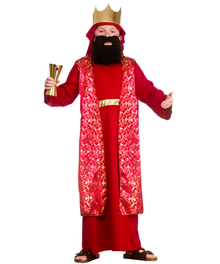 A man wearing a red and gold king or prince costume with a matching crown, black beard, and holding a gold scroll, photographed against a plain white background.