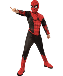 A child modeling a Spider-Man costume against a plain white background, pointing with one hand in a dynamic pose. The costume is red and black with web patterns and a spider emblem on the chest and mask.