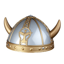 Viking helmet with gold accents and a central emblem on a white background