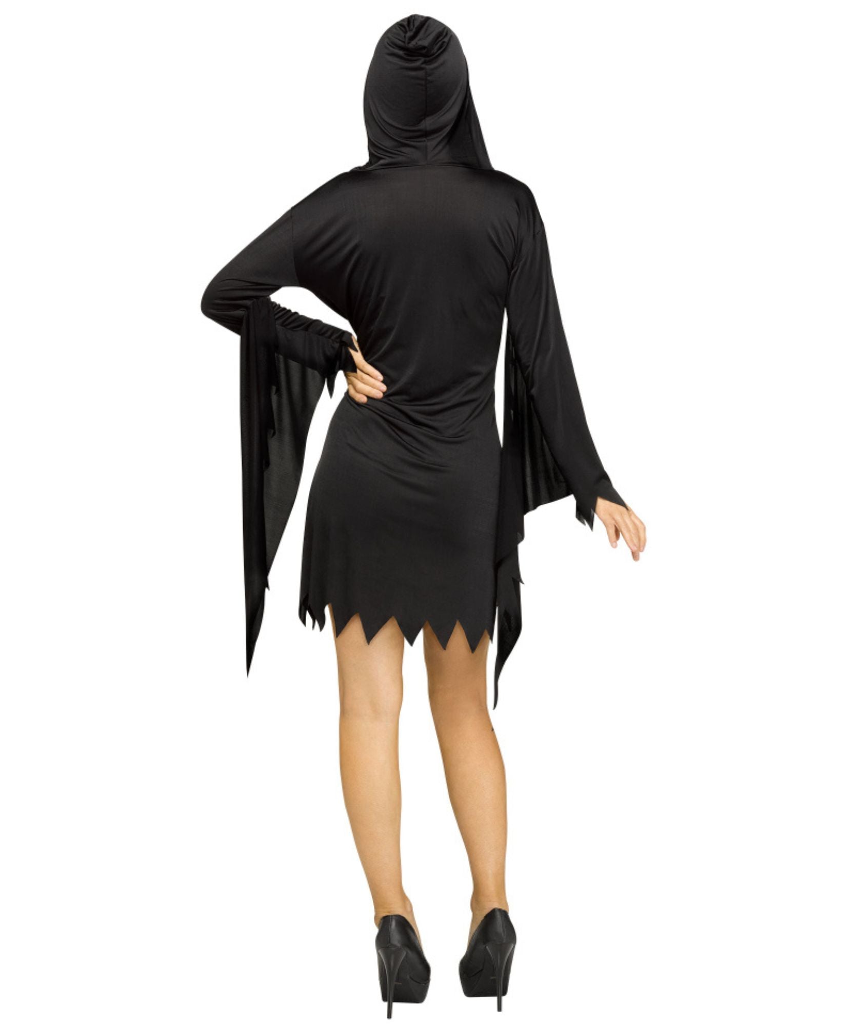 A model shown from the back wearing a black hooded costume dress with long draped sleeves and a jagged hem, paired with black heels, on a plain white background.