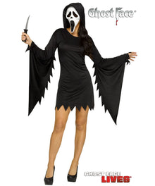 A woman modeling a Ghost Face Halloween costume on a plain white background, holding a knife prop. The costume includes a black hooded dress with wide draped sleeves and jagged hem, a white Ghost Face mask, and the Ghost Face Lives logo appears at the bottom right.