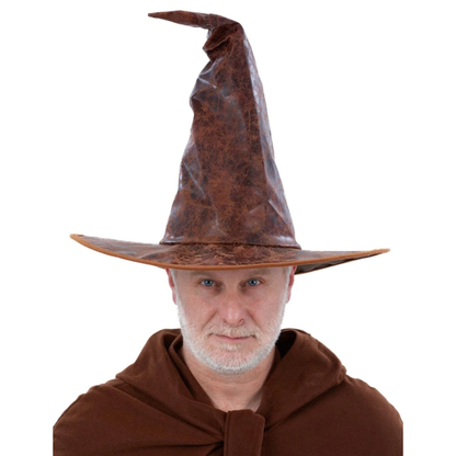 A man wearing a brown pointed wizard hat and matching brown robe against a plain white background.