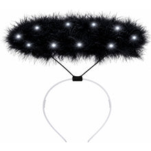 Black feather headband with multiple built-in white LED lights and a clear plastic headband base, shown on a plain white background.