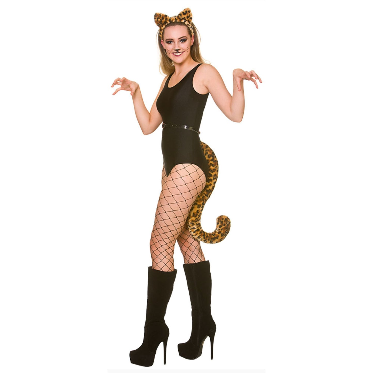 A woman modeling a black cat costume bodysuit with a leopard-print tail, matching headband with cat ears, fishnet stockings, and black high-heeled boots on a white background.