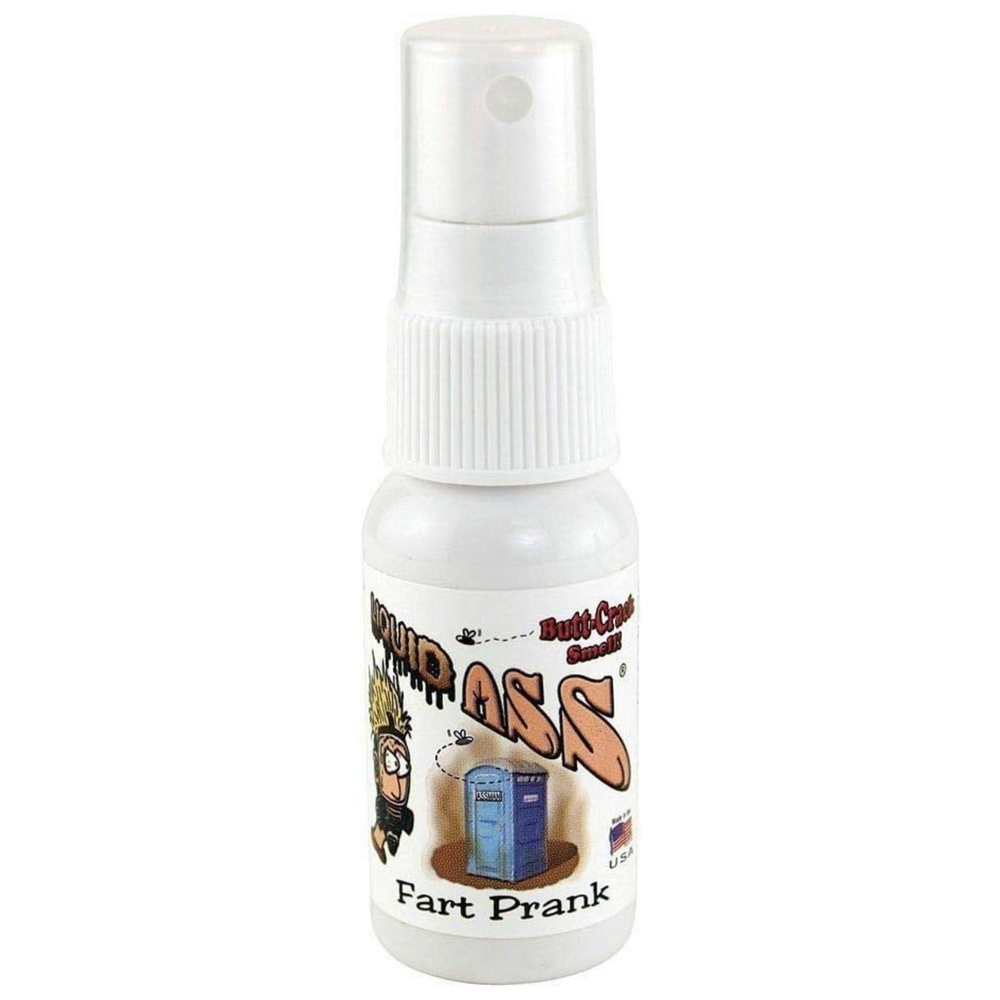 Liquid ass Fart spray pump action bottle with a label on a white background
