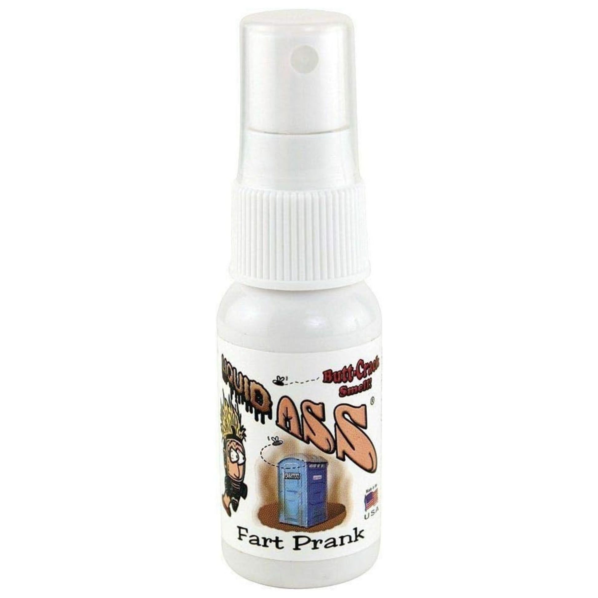 Liquid ass Fart spray pump action bottle with a label on a white background
