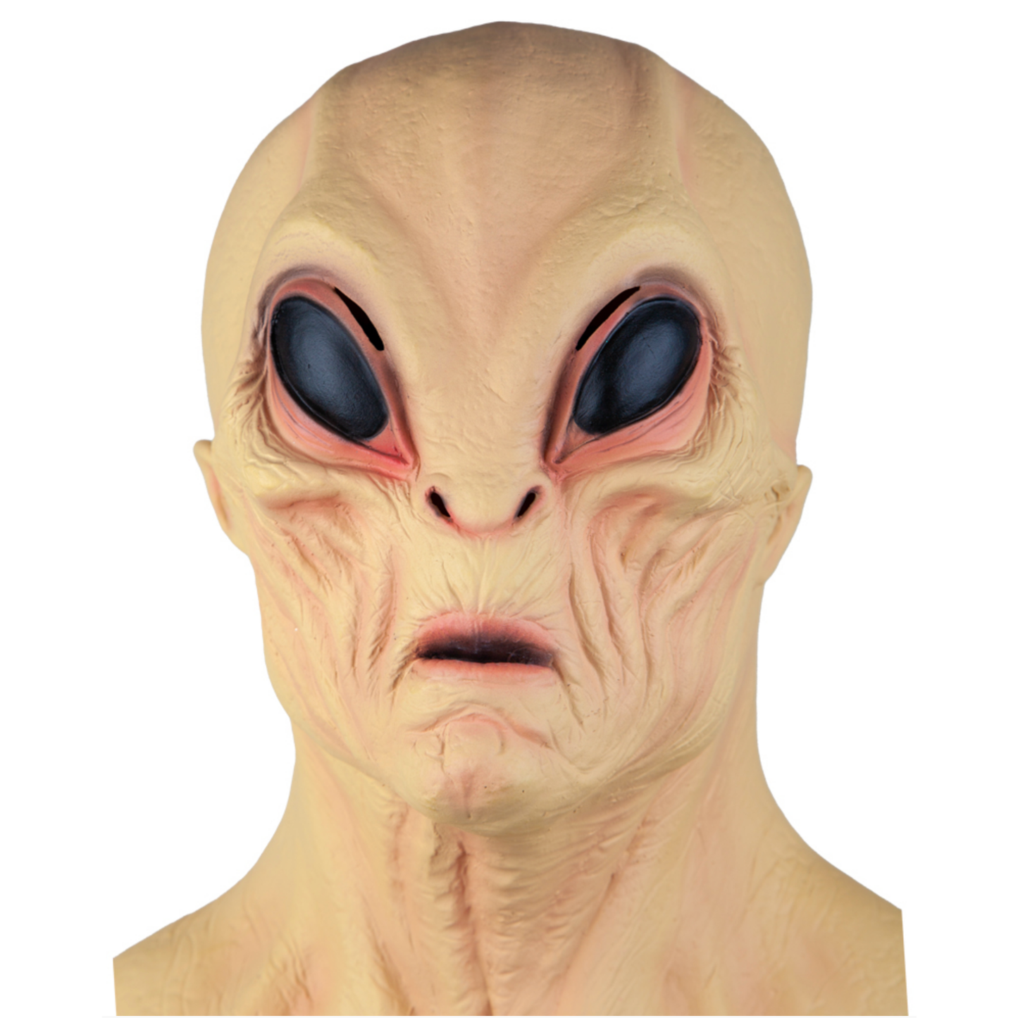 A realistic alien or extraterrestrial latex mask with large dark eyes, wrinkled skin, and a small open mouth, shown against a plain white background.