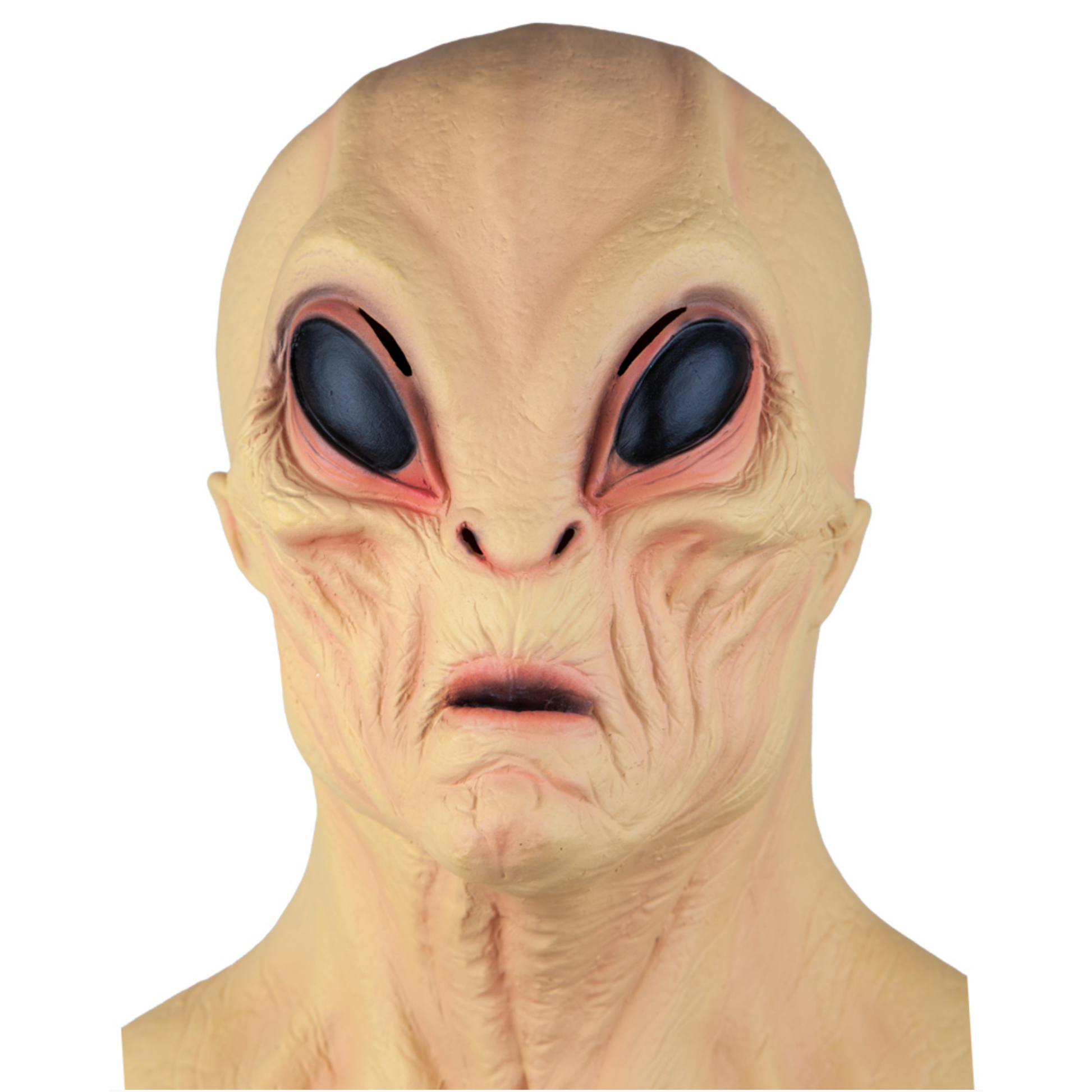 A realistic alien or extraterrestrial latex mask with large dark eyes, wrinkled skin, and a small open mouth, shown against a plain white background.