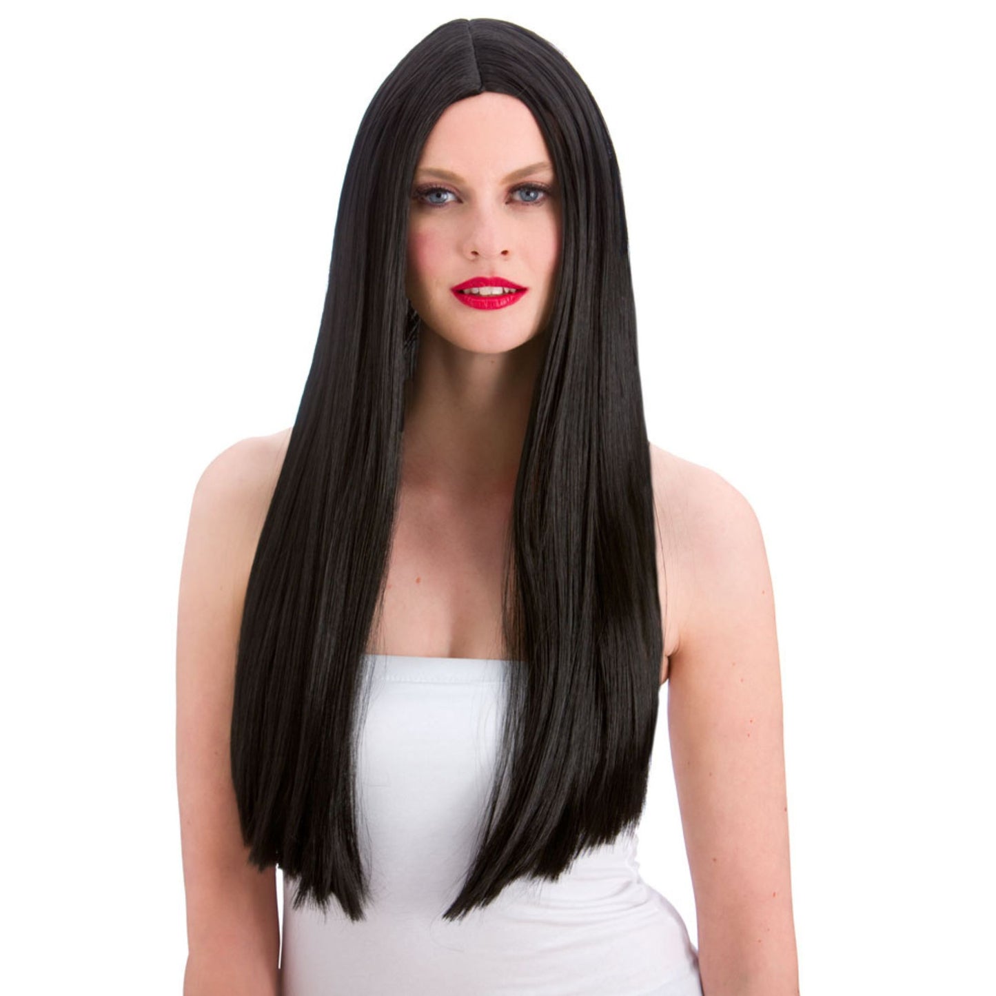 A woman modeling a long, straight black wig with a center part, shown against a plain white background.