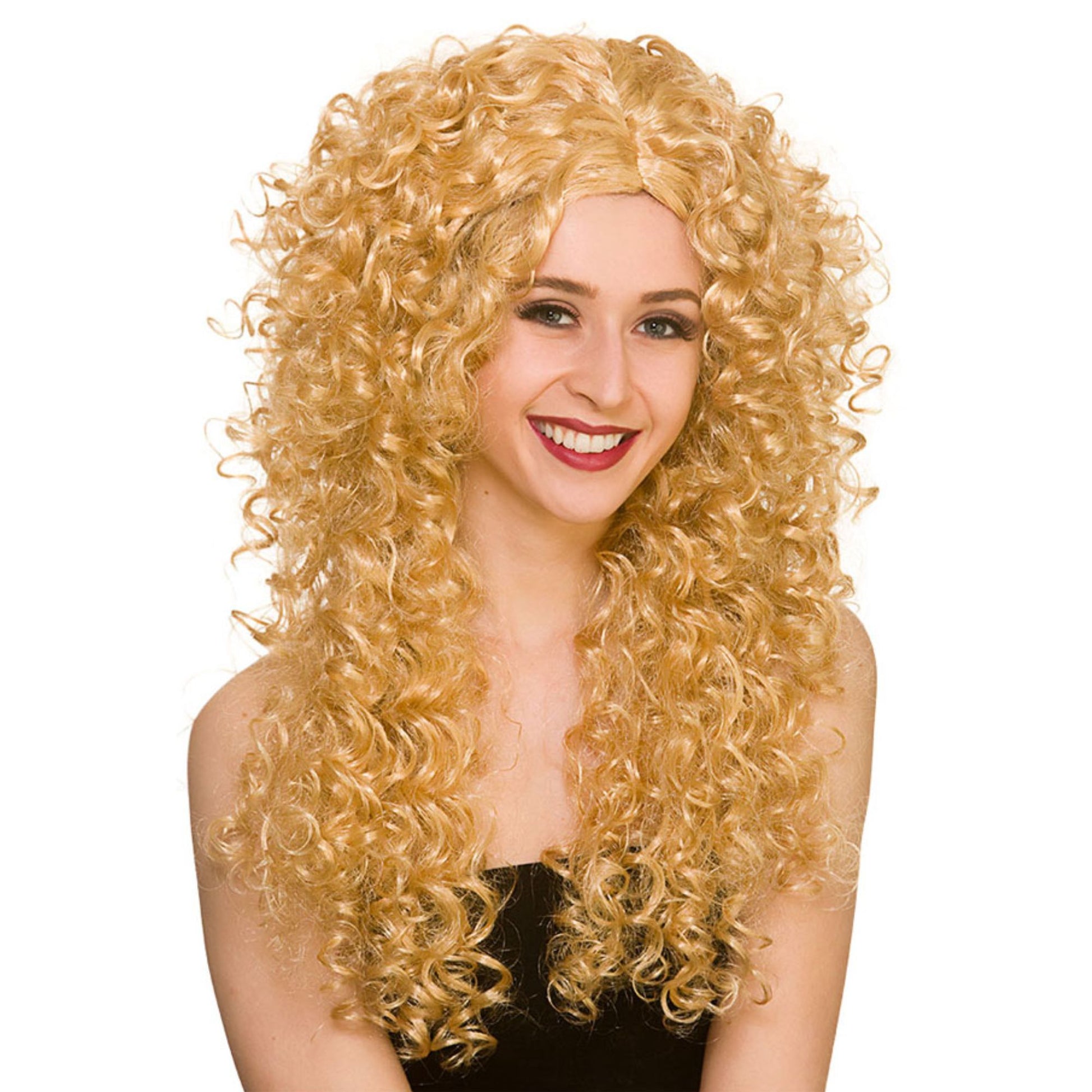 A woman modeling a long, voluminous blonde wig with tight, curly curls against a plain white background.