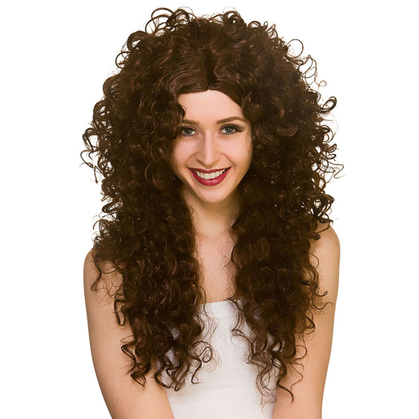 A smiling woman with a long, voluminous dark brown curly wig, wearing a white top against a plain white background.