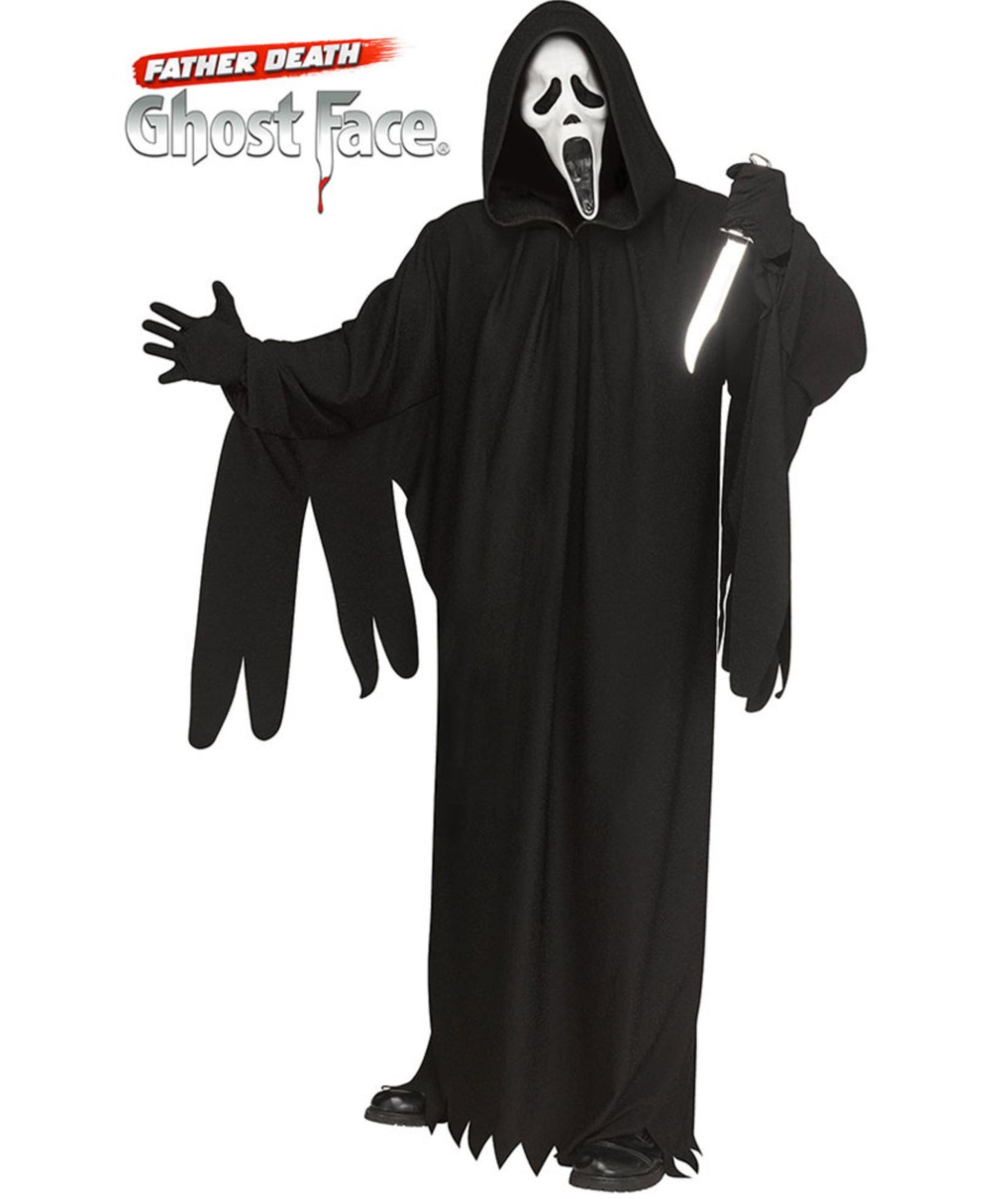 A person wearing a Ghost Face Halloween costume on a plain white background, with the 'Father Death Ghost Face' logo printed in the top left corner. The costume includes a long black hooded robe with jagged hem, black gloves, and a white mask with black eye and mouth details.