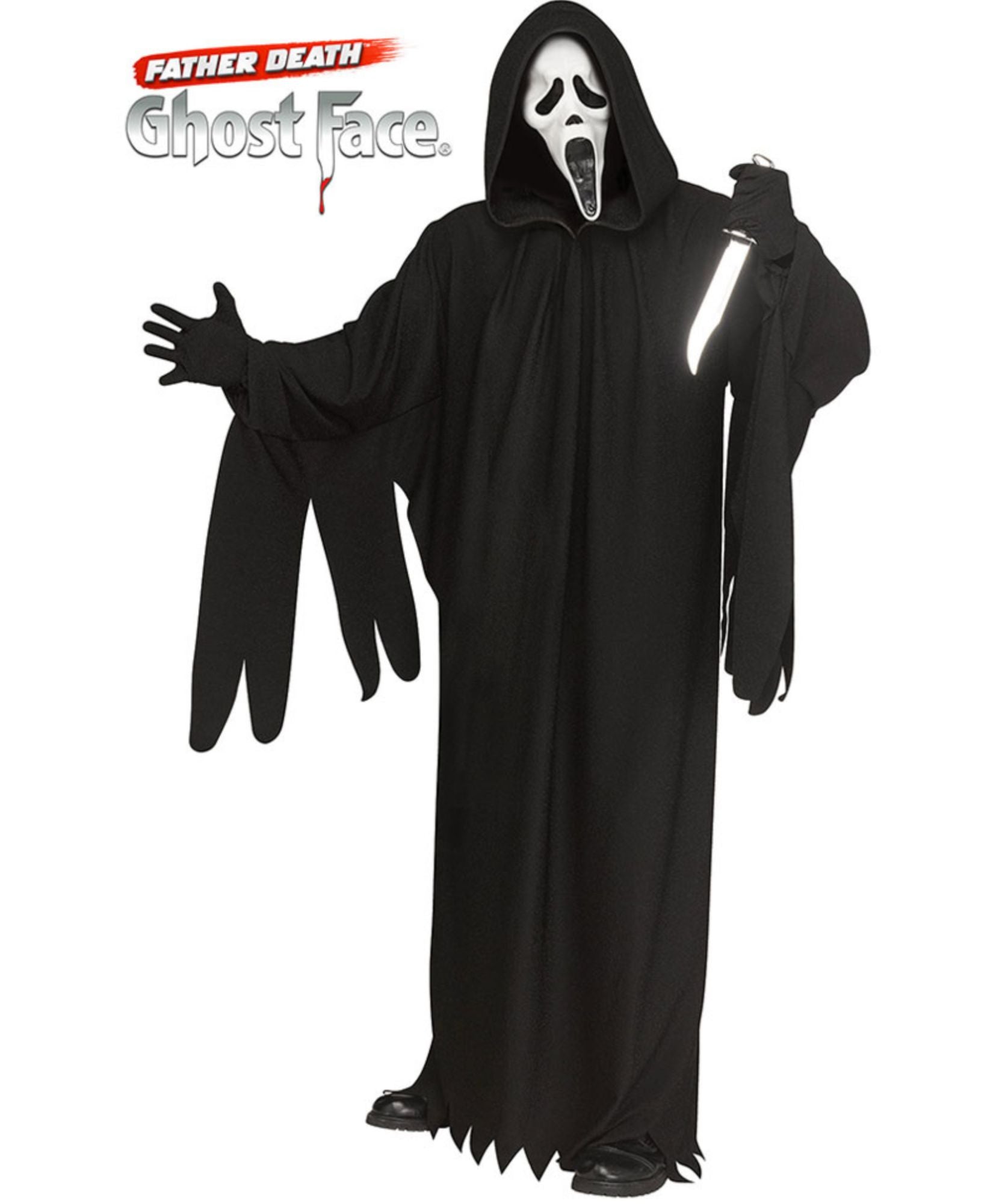 A person wearing a Ghost Face Halloween costume on a plain white background, with the 'Father Death Ghost Face' logo printed in the top left corner. The costume includes a long black hooded robe with jagged hem, black gloves, and a white mask with black eye and mouth details.