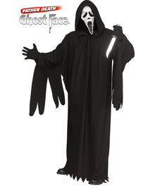 A person wearing a Ghost Face Halloween costume on a plain white background, with the 'Father Death Ghost Face' logo printed in the top left corner. The costume includes a long black hooded robe with jagged hem, black gloves, and a white mask with black eye and mouth details.