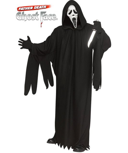 A person wearing a Ghost Face Halloween costume on a plain white background, with the 'Father Death Ghost Face' logo printed in the top left corner. The costume includes a long black hooded robe with jagged hem, black gloves, and a white mask with black eye and mouth details.